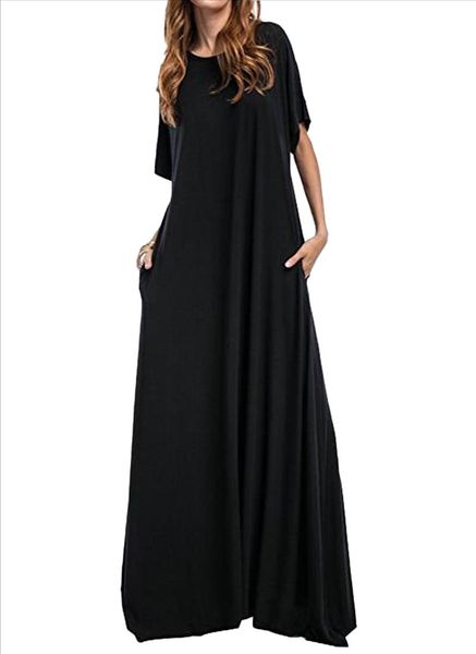 

women long maxi dress 2021 half sleeve solid round neck vintage casual loose elegant robe bodycon vestidos plus size, Black;gray
