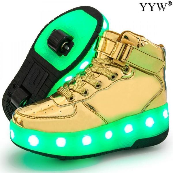 Scarpe volanti con luce a led Pattini a rotelle convertibili Ricarica USB Pelle PU brillante Oro Mid Top 2 ruote Adolescente Bambini in linea