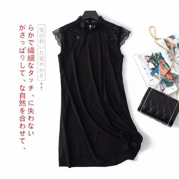 

small m6778-style women's stand 2020 summer new neck lace stitching sleeveless dress, Black;gray