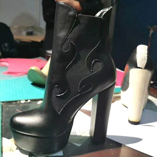 

calls new design chunky stretch-out heel platform women's high heels mujer zapatos motorcycle boots rasr, Black