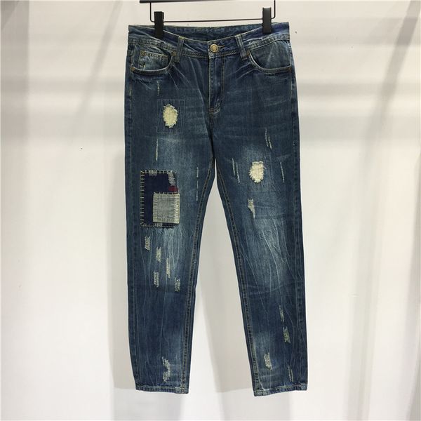 

south korea dongdamen 2020 autumn beggar hole patch men's jeans kb52, Blue