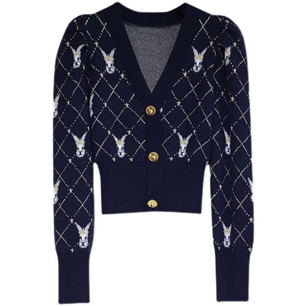 

jackets v neck white rabbit pattern gold buckle waist shorts high waist slim professional sweater elastic ladies knitted casual coat s, Black;brown