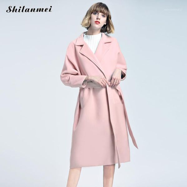 

women's wool & blends 2021 european long women coat autumn winter elegant lapel pockets belted jackets solid jacket casual loose trench, Black