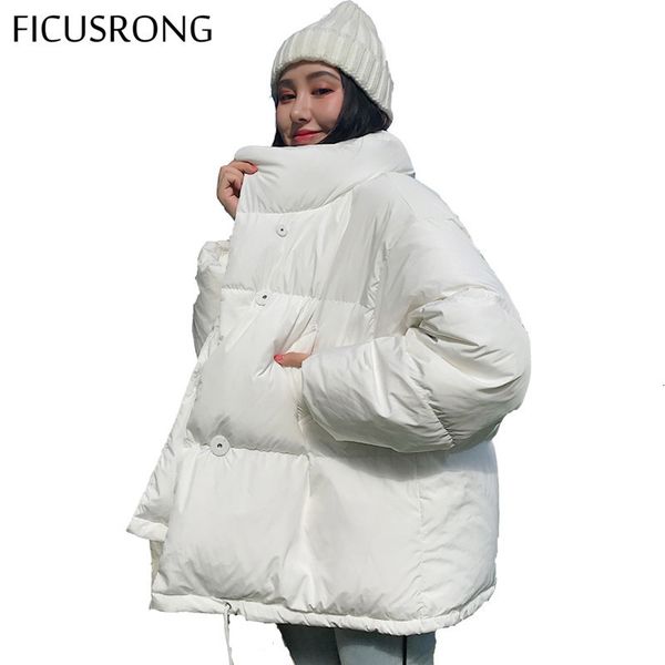 

autumn winter jacket women stand collar solid black white female coat loose oversized womens short parka 201014