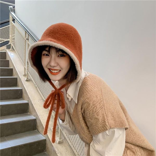 

wide brim hats bucket women autumn winter beanie ear protection warm fur fisherman hat with rope bob female vintage gorros caps, Blue;gray