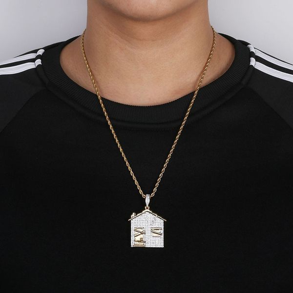 

gold shape iced plated house out pendant 14k necklace micro paved zircon men hip hop jewelry