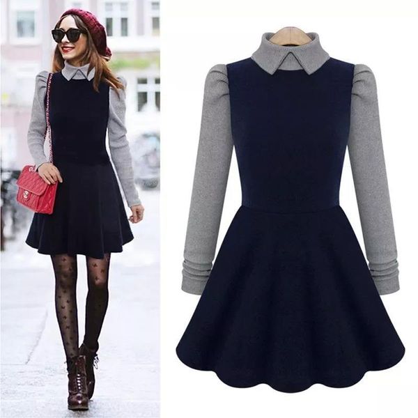 

plus size warm spring autumn womens long sleeve dress female turn down collar ruffles dresses ladies tight pleated dress, Black;gray