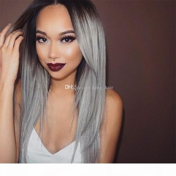 

middle part malaysian ombre hair wig 1b grey full lace wig with silk base 4*4 sliver grey lace front wig with baby hair, Black;brown