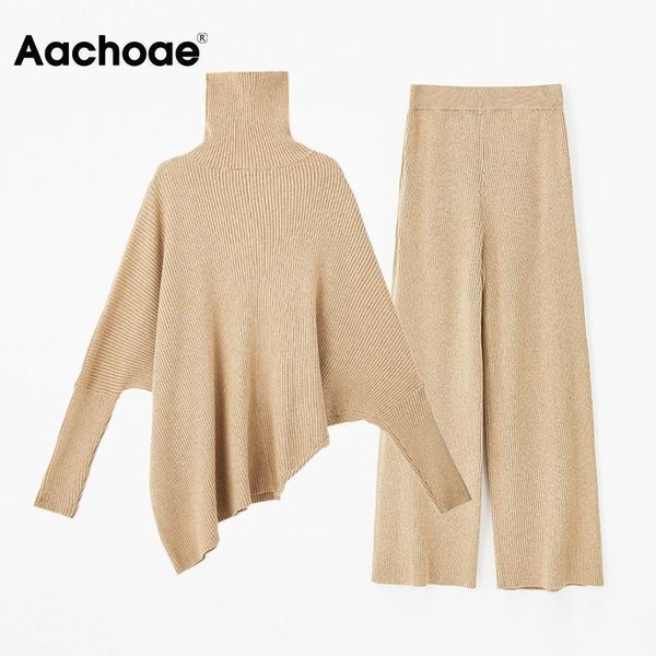 

aachoae women 2 piece knitted sets turtleneck batwing sleeve irregular sweater set loose casual elastic waist pants tracksuit1, Gray