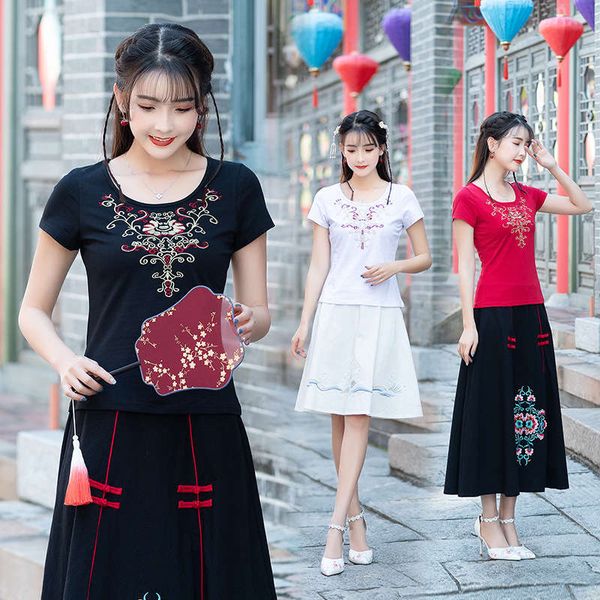 

spring and summer new chinese element women's cotton linen short sleeve round neck t-shirt national style gold thread embroidered large, Black;gray