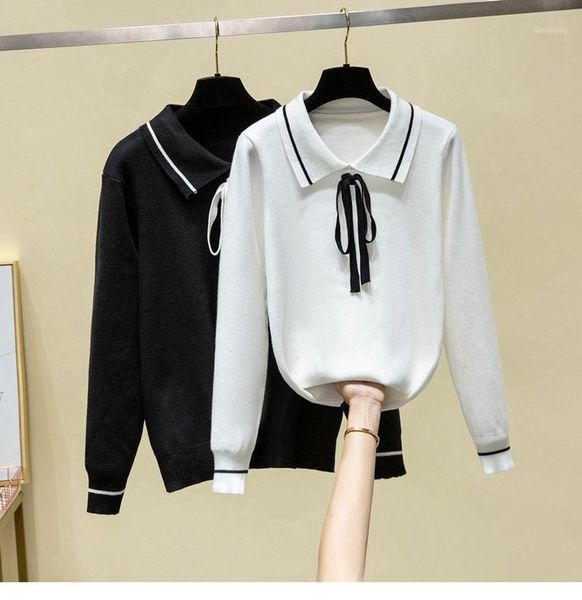 

sweater for women winter clothes black white bow lady elegant fashion knitted sweater hedging lapel winter plus size1, White;black
