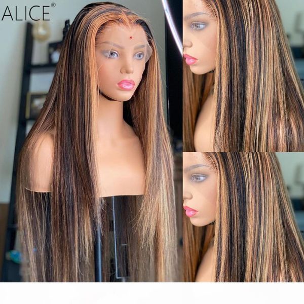 

alice highlight straight t-part lace front human hair wigs scalp closure wigs 150% density non-remy, Black;brown