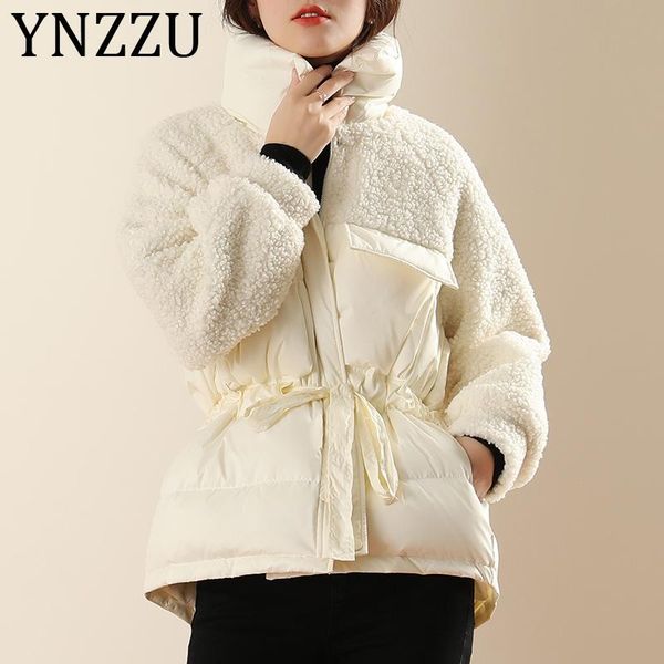 

ynzzu lamb fur patchwork warm winter jacket women 2020 new design high waist lace up slim women's duck down jacket coat a1376, Black