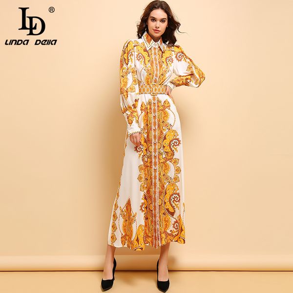 

ld linda della autumn fashion runway maxi dress women's long sleeve belted gorgeous printed elegant holiday vintage long dress lj201202, Black;gray