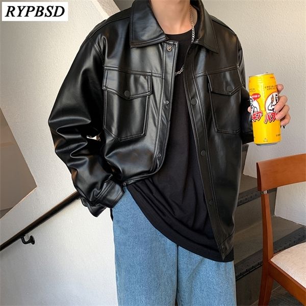 

pu faux men brand bomber coat single-breasted loose fashion casual long sleeve streetwear black leather jacket c1120, Black;brown