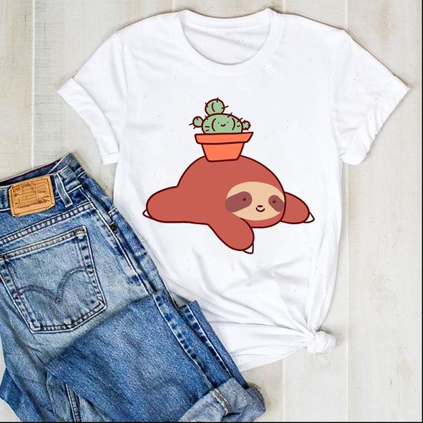 

women lady plant fashion sloth cute summer cactus ladies t tee tshirt womens female shirt clothes graphic clothing t shirt, White