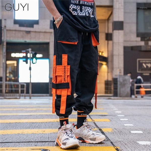 

joggers patchwork letter pockets cargo pants men ribbon tactical trouser male fashion casual hip hop harem streetwear sweatpants1, Black