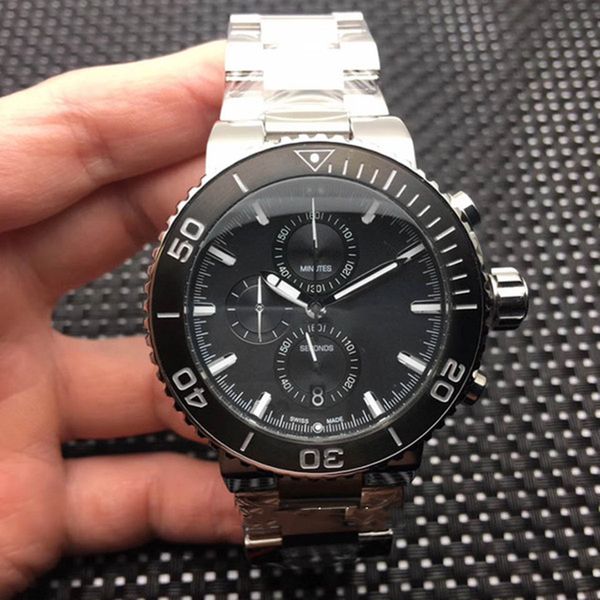 

2021 new popular men's 46mm sports watch day quartz chronograph blue face watch steel case, Slivery;brown