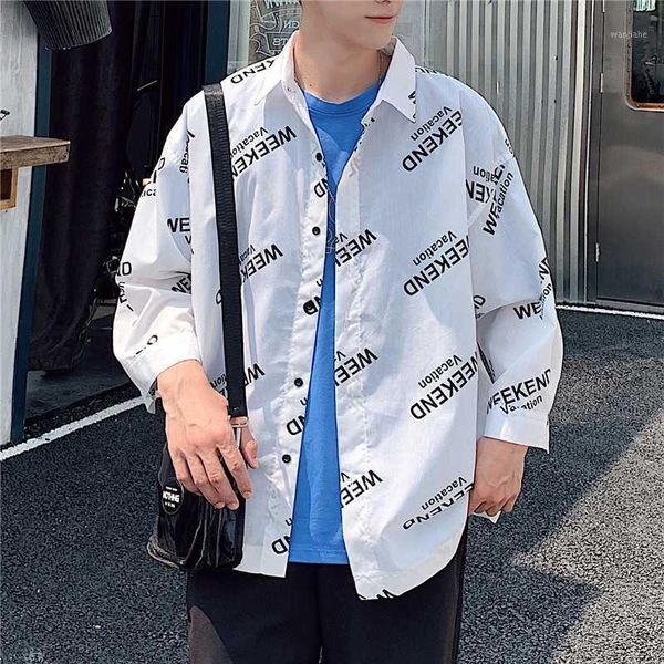 

men's shirt 2020 hong kong style new large size printed 3/4 sleeve shirt loose version of mens dress shirts streetwear1, White;black