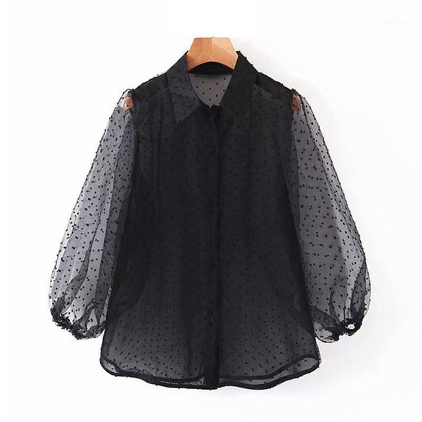 

women dot embroidery women organza blouse lantren sleeve black see through chic casual shirts turn down collar shirt blusas1, White