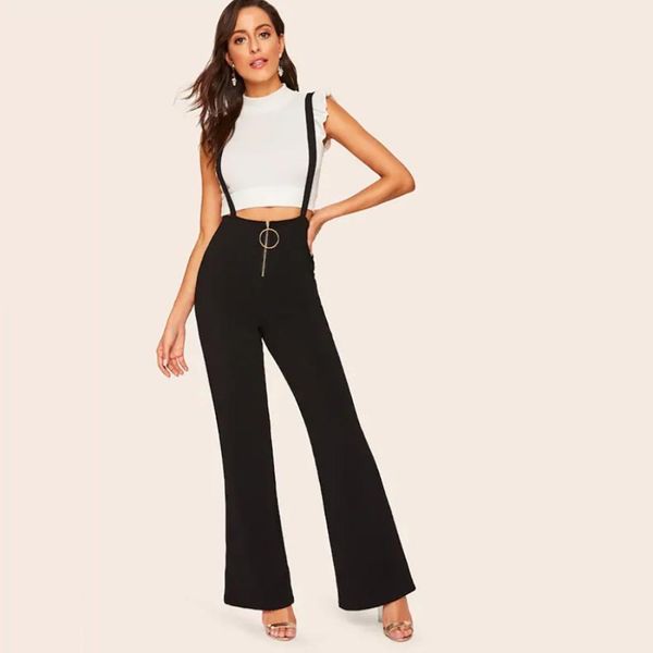 

fashion elegant temperament high waist trousers, Tan;black