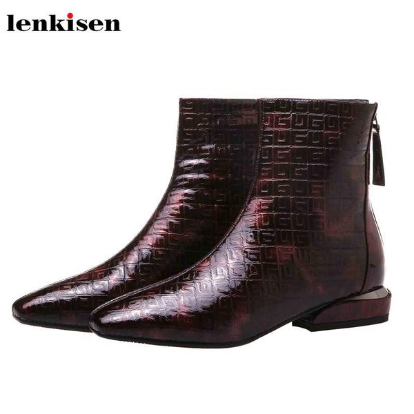 

lenkisen fashion cozy genuine leather print boots square toe med heels back zipper winter daily wear warm women ankle boots l22, Black