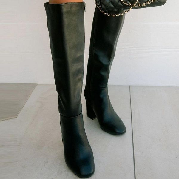 

autumn winter knee high boots women black pu leather splice flocked long boots high heels zipper vintage ladies shoes