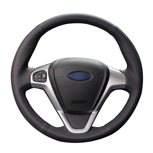 

hand sew black genuine leather car steering wheel cover for fiesta 2008-2017 ecosport 2014 2015 2016 20171