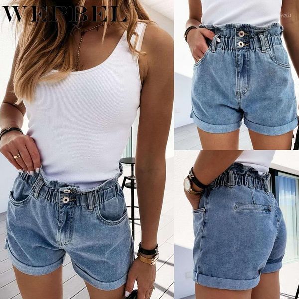 

women's jeans wepbel summer high waist denim shorts women casual straight ladies fashion roll up hem elastic pocket jeans1, Blue