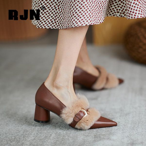 

rjn new fashion retro women's dress shoes fur two wear elegant round heel pointed toe deep mouth cow leather lady pumps ro483, Black
