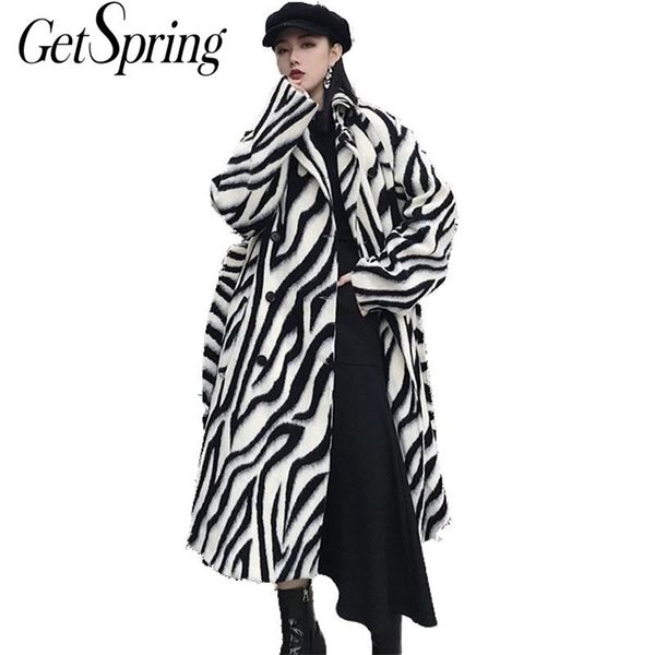 

getspring women woolen coat zebra pattern striped winter wool coat women vintage color matching bandage women overcoat new 201216, Black