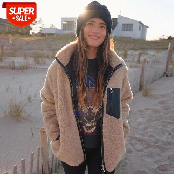 

vintage faux fur jacket women pockets patchwork zippers turn down collar warm fur coat casual loose lambswool cardigan 2020 #xa6v, Black;brown