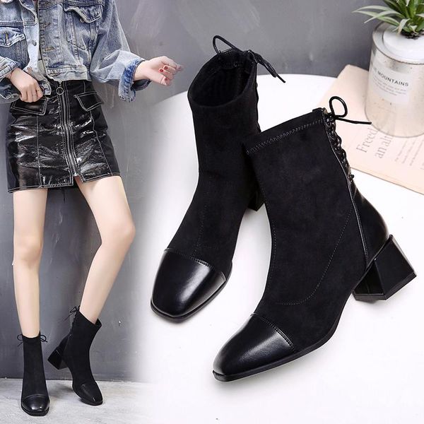 

women boots high heels boots-women shoes luxury designer winter footwear round toe stiletto 2020 fashion mid-calf ladies, Black