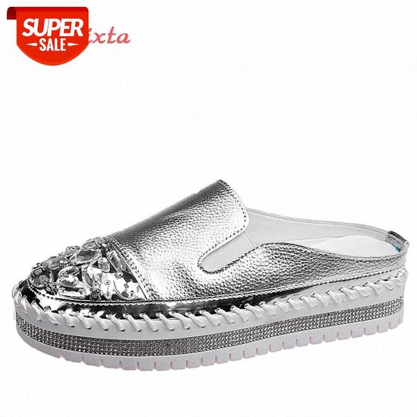 

aphixta 2020 luxury crystals half slides women bling rubber diamond women shoes hand stitching platform slippers for #wd4a, Black