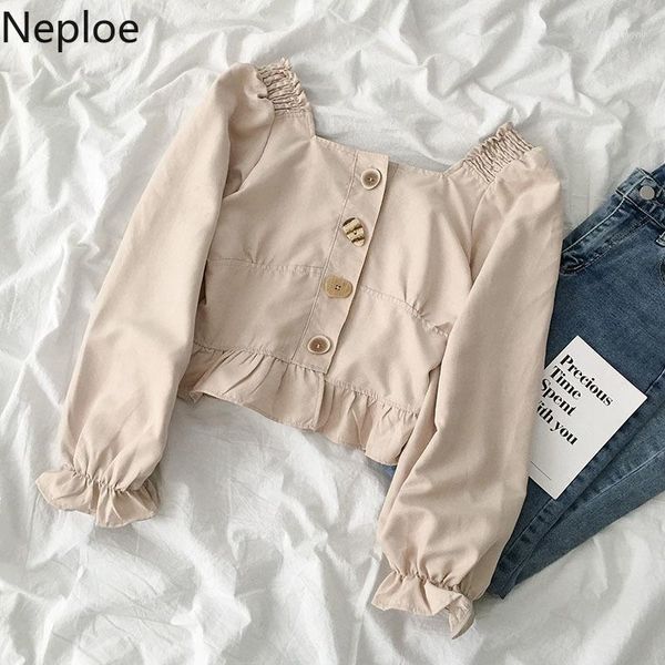 

neploe women streetwear blouse spring 2020 new solid square collar flare sleeve button blusa slim wild chic female fashion shirt1, White