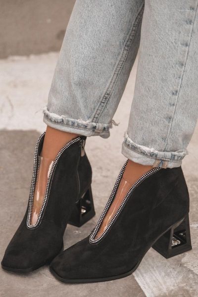 

suede stone detailed short heeled boots black transparent detail quality boot shoes new season fashion1