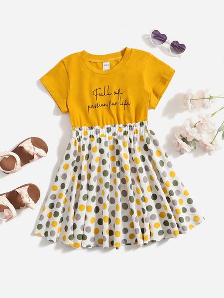 

toddler girls slogan and polka dot dress she, Red;yellow