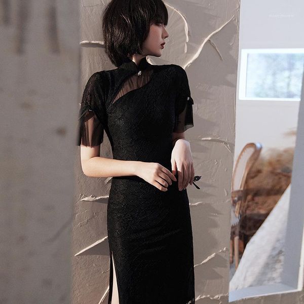 

summer women cheongsam vintage chinese style short sleeve qipao knee length elegant slim party dress button vestidos -3xl1, Red