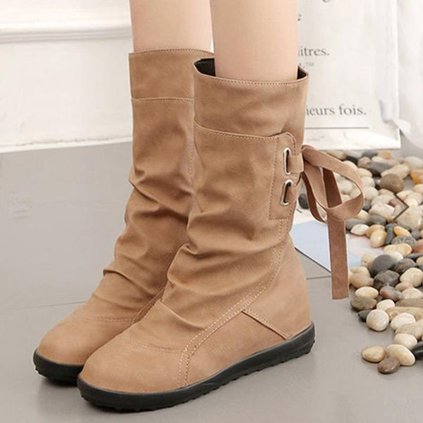 

woman pleated lace up mid calf boots 2021 women's height increasing flats ladies casual female comfort woman shoes plus size1, Black