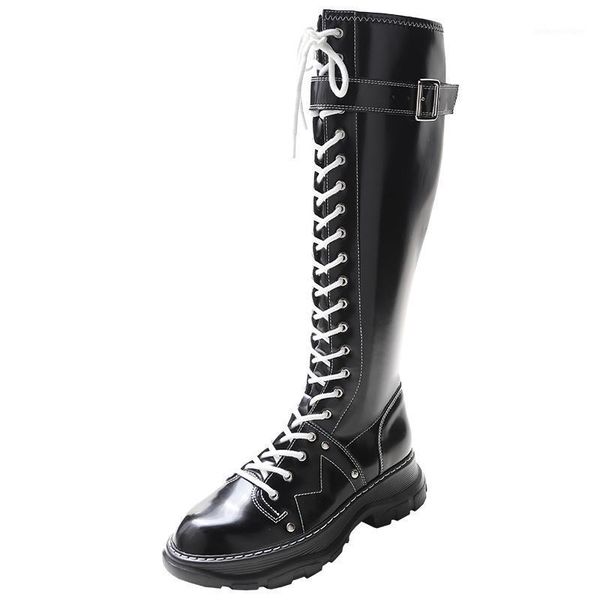 

boots women's chunky heel lace up platform combat long boots1, Black