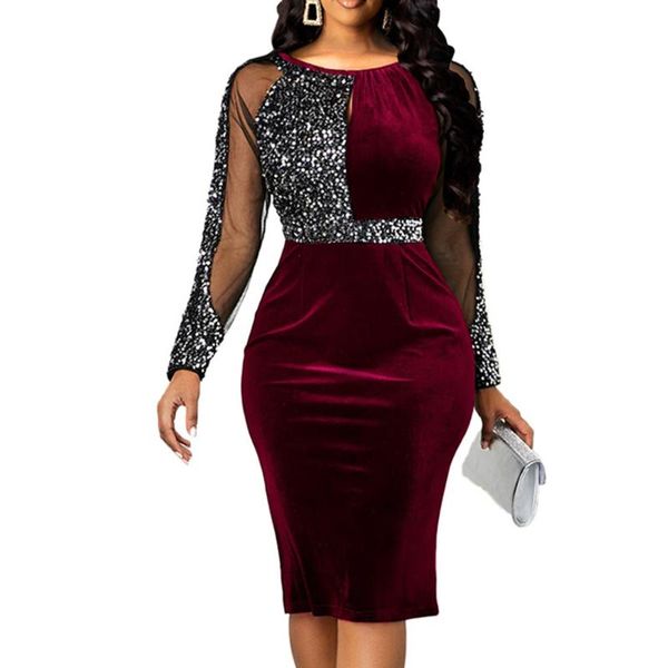 

elegant splicing party slim dress women patchwork mesh illusion high waist midi dresses 2020 summer long sleeve bodycon dress, Black;gray