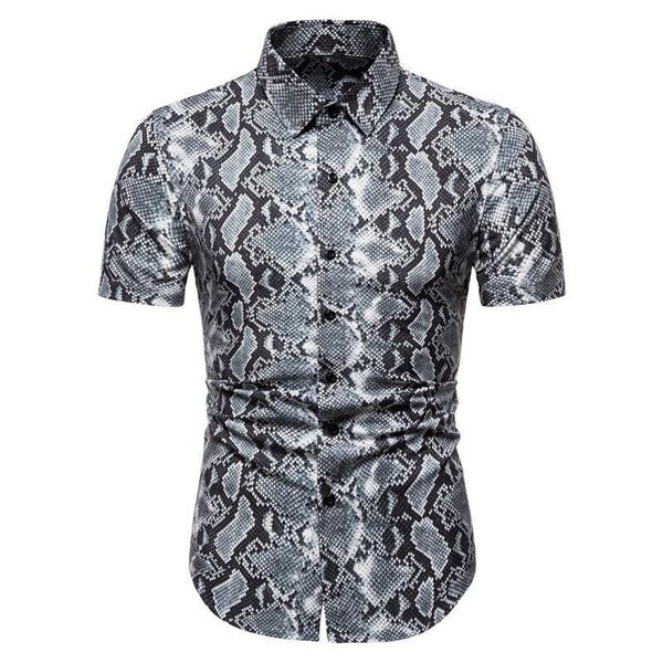 

fashion snakeskin pattern print shirt men chemise homme 2020 brand slim fit short sleeve mens shirts party nightclub shirt male, White;black