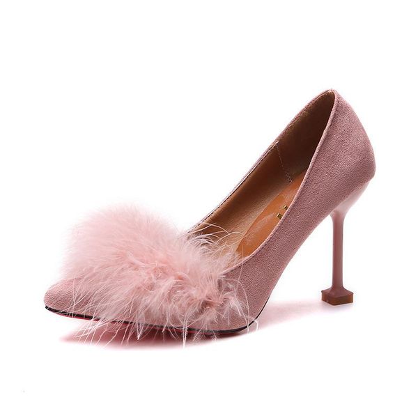 

2021 new fur pointed toe flock high heels ladies thin heels wedding shoes autumn fashion sweet zapatos de mujer dress, Black
