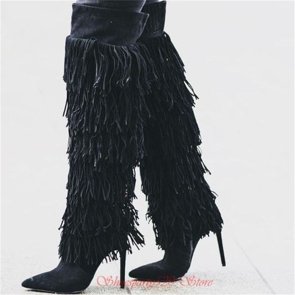 

camura de couro feminino borla designer fino salto botas apontou toe sapatos femininos concisa pista mostrar coxa alto sobre o joelho 0w3f, Black