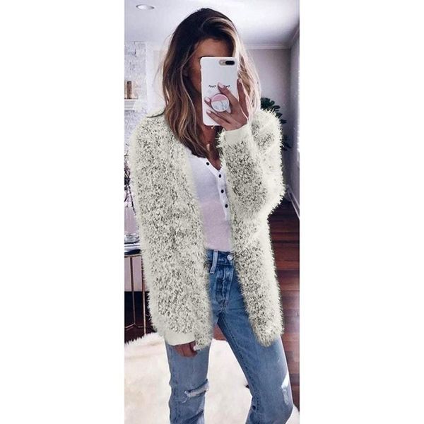 

new autumn winter women plush cardigan fashion long sleeve fluffy warm sweater coat female solid color slim cardigans sweater, White