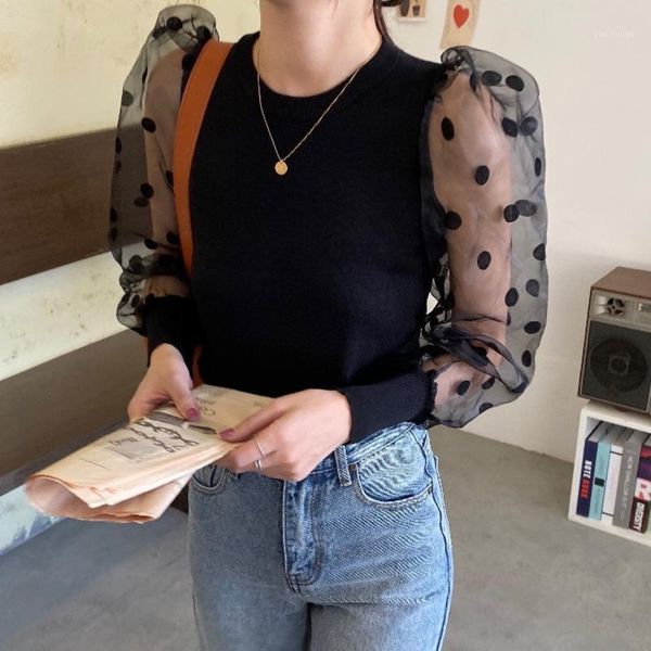 

ewq] 2020 spring new sweet o-neck puff sleeve womens and blouses korea style transparent polka dot women shirt qz463011, White