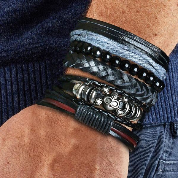 

charm bracelets men wristband multilayer bracelet set stacking leather jewelry, Golden;silver