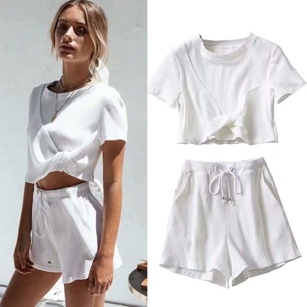 

ins chest cross slim short sleeve t-shirt casual shorts comfortable exercise yoga suit for women, Gray