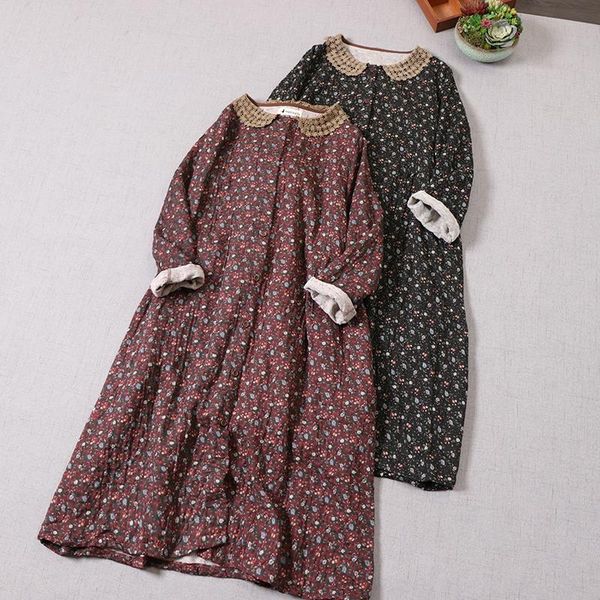 

casual dresses japan style mori girl autumn winter double layer cotton floral print dress turndown collar loose long women, Black;gray