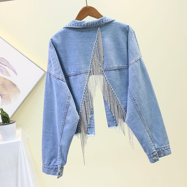 

2021 spring heavy industry rhinestone tassel chain back split jeans jacket women new harajuku vintage loose short denim jacket, Black;brown